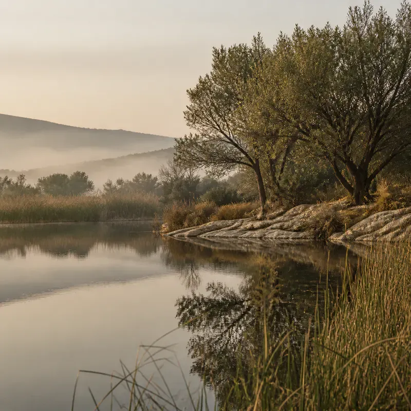 Orilla serena reflejada en aguas tranquilas