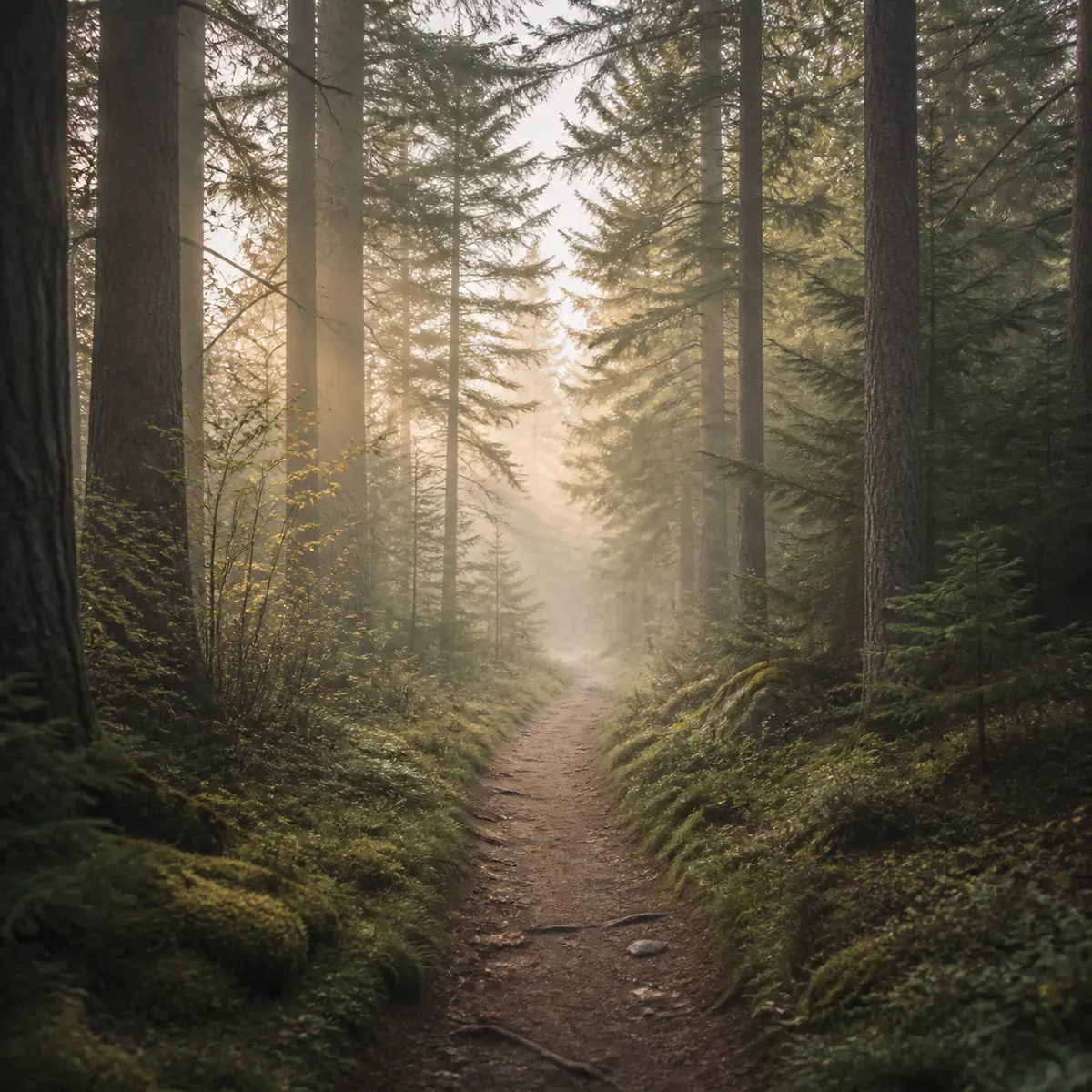 Sendero entre un bosque iluminado por la mañana