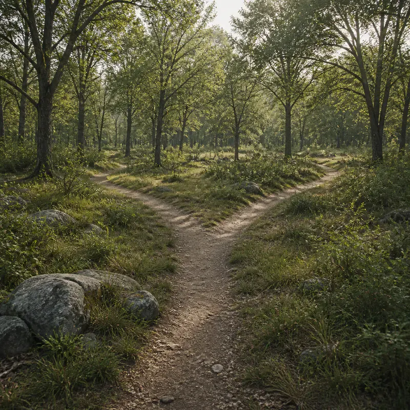 Dos senderos que convergen en un bosque